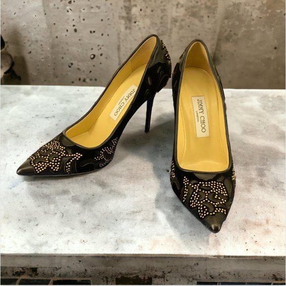 NEW JIMMY CHOO -- Stiletto Heels, Black, "Abel," Leather w/Gold Studs, Evening - Picture 3 of 15